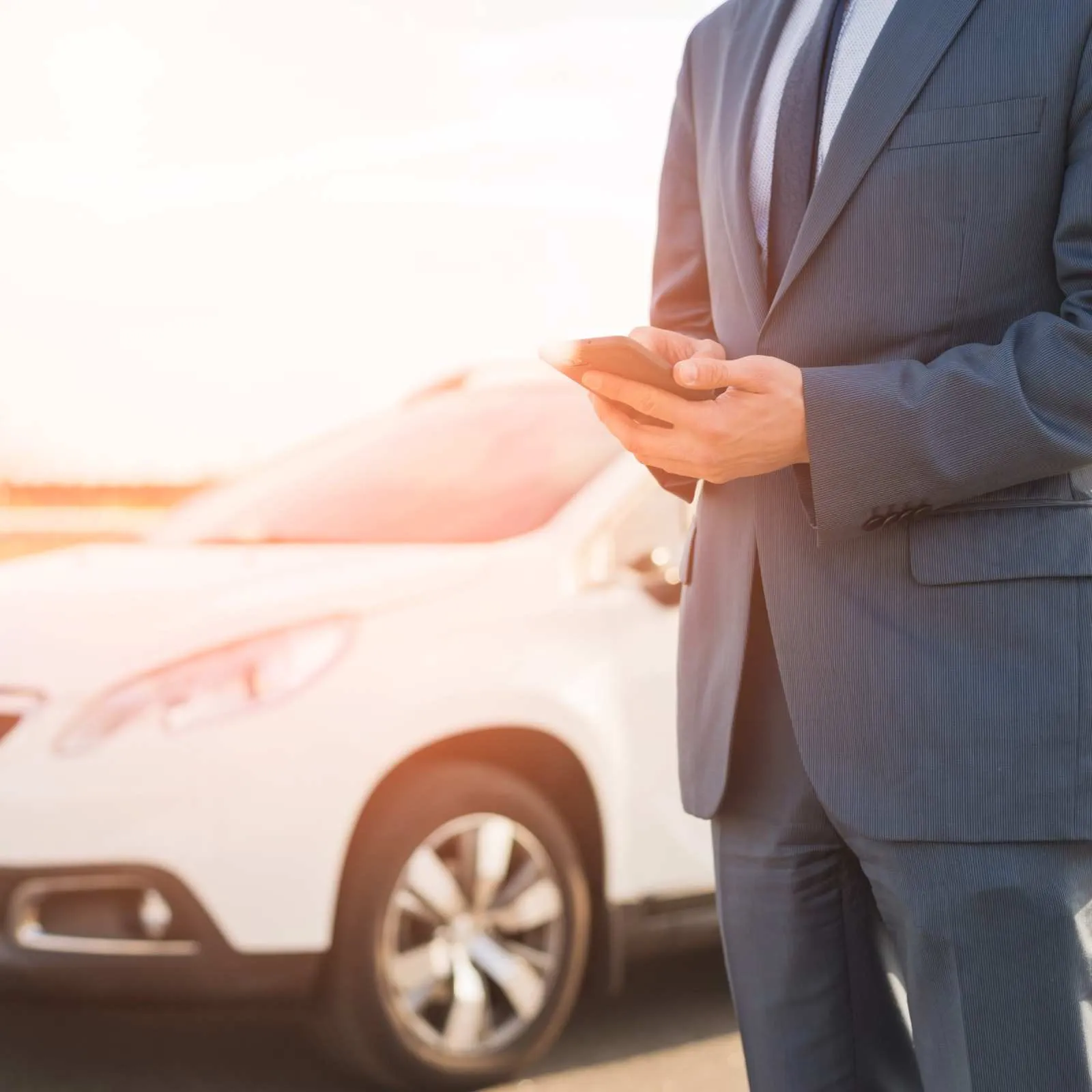 Happy driver standing beside a car